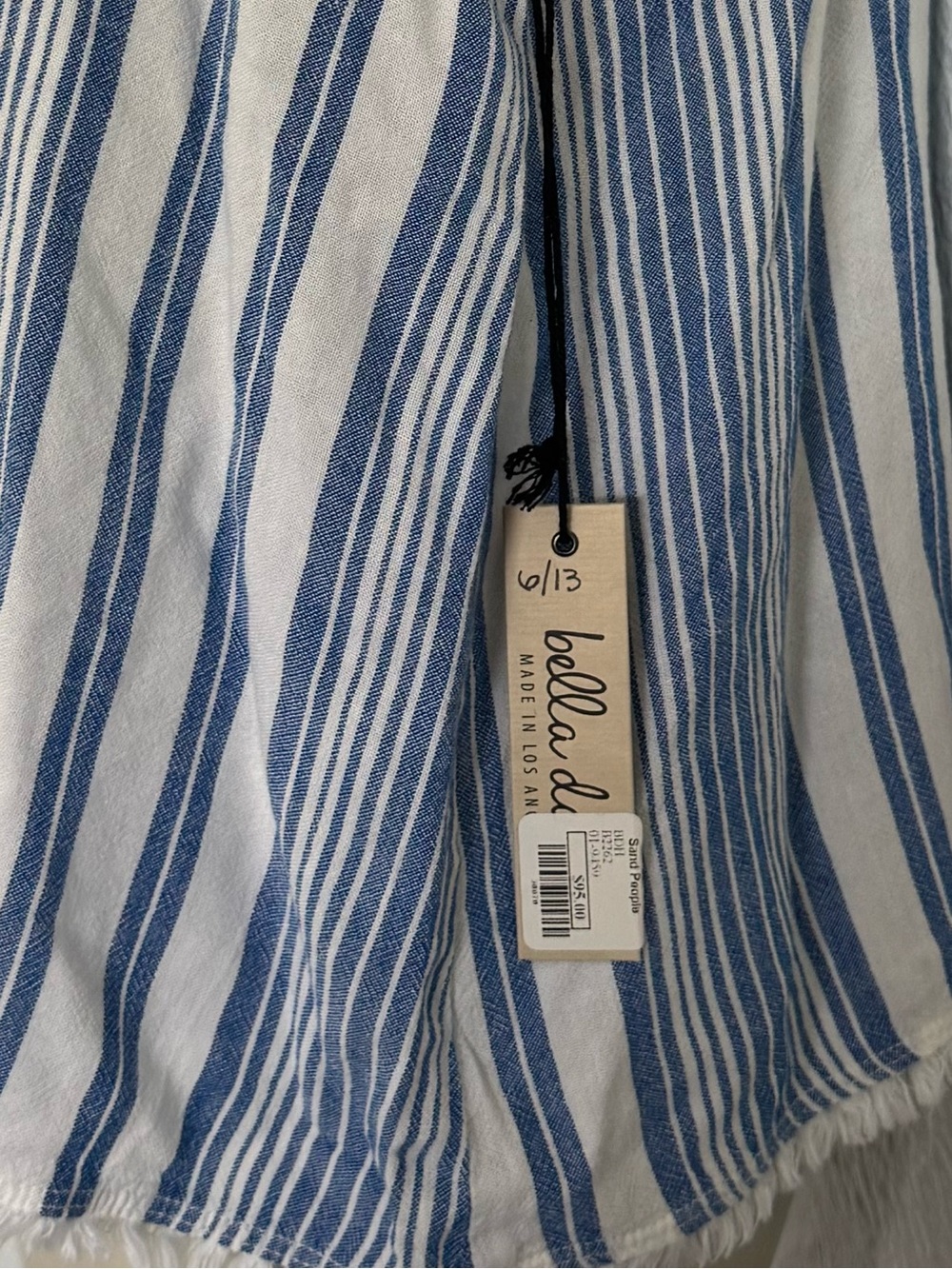BELLA DAHL BLUE WHITE STRIPE SAND PEOPLE COASTAL LINEN FRINGE BOHO TOP SZ L NWT - Picture 7 of 7